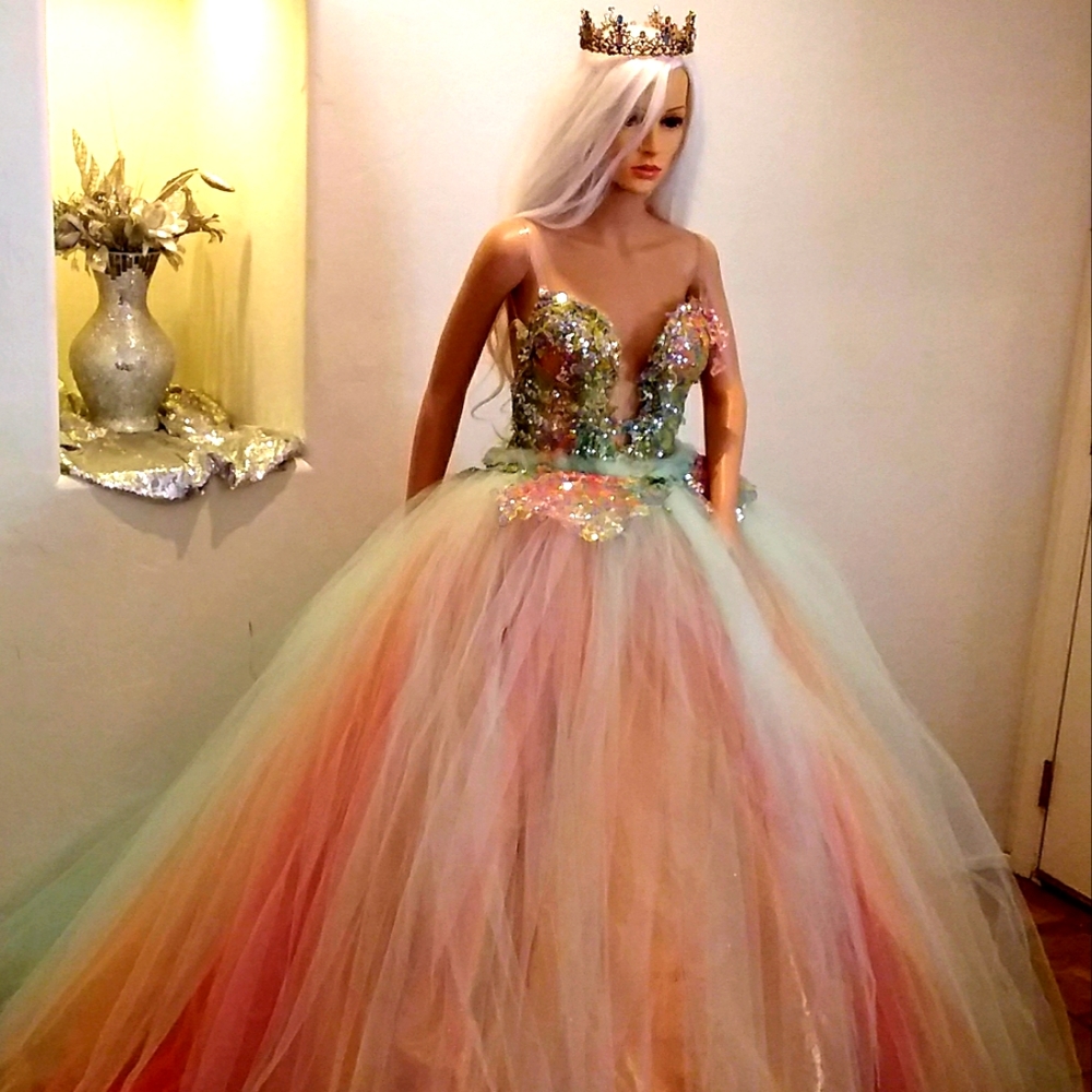 "SINA" Sequin Tie Dye Rainbow Backless Wedding Ballgown Set